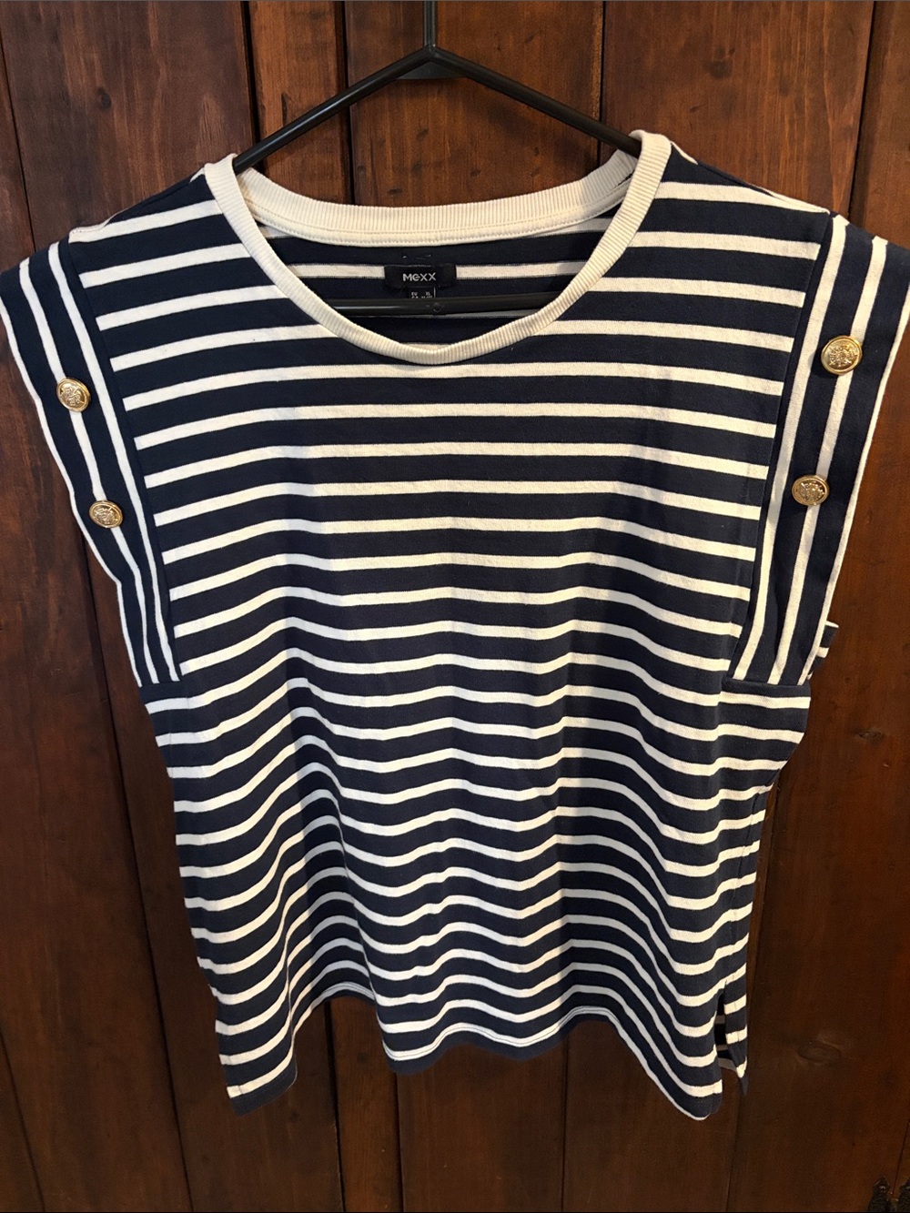 Mexx Navy and White Striped Short Sleeve Top with Gold Buttons